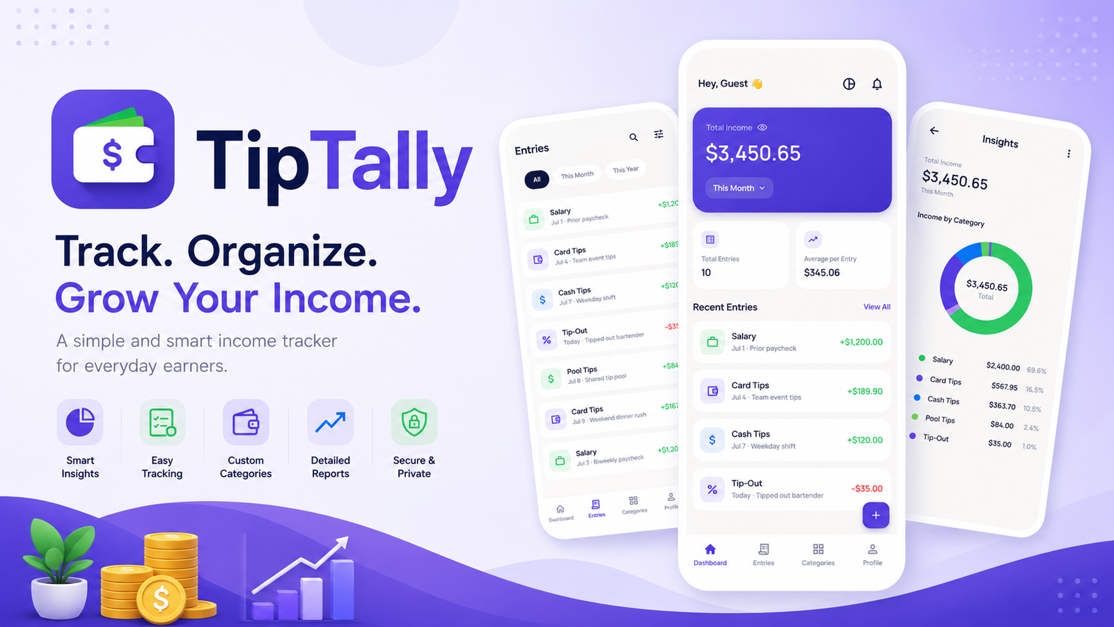 TipTally — income tracking app screens